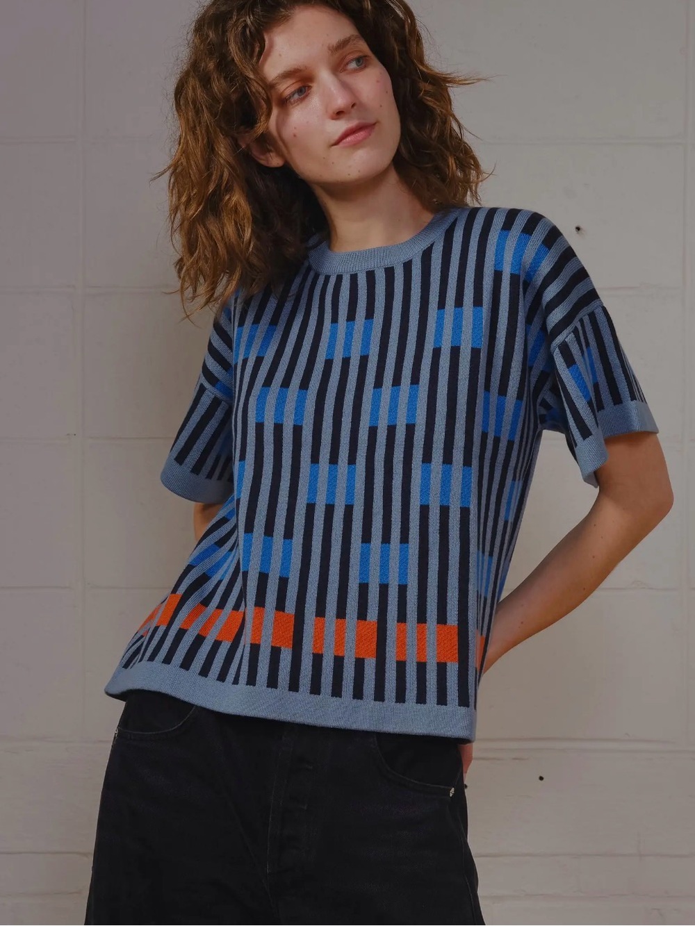 The Endery bauhaus Neptune Short-Sleeve sweater Tee Stripe blue red XL/XXL New